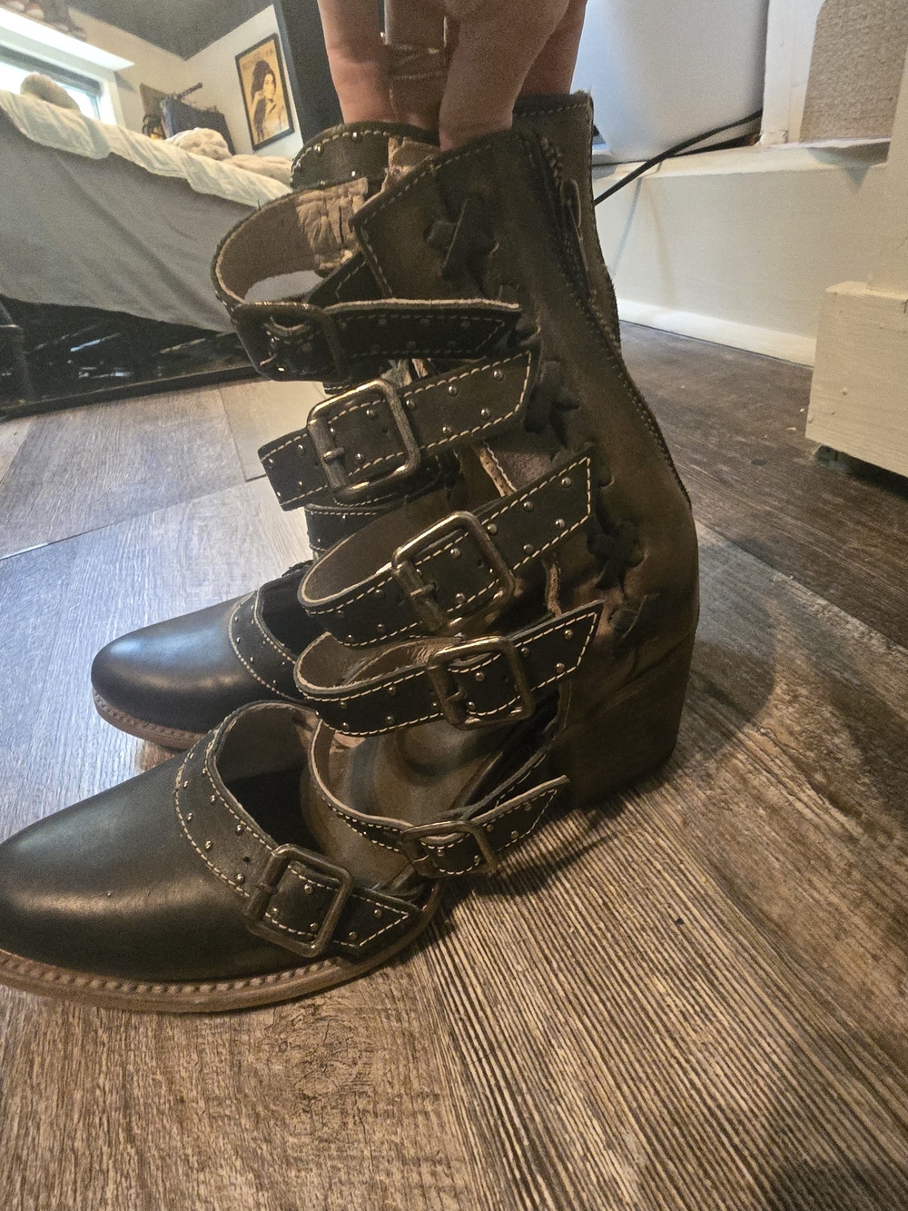 Freebird Salty Black Buckle Strap Ankle Boots Size 9